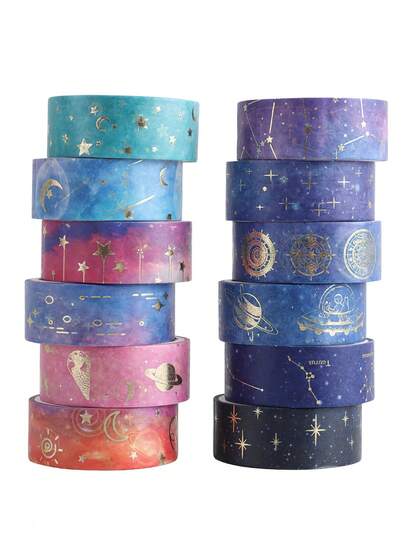 银河紫色烫金和纸胶带，12卷DIY手账创意装饰贴纸手工配件金箔纸胶带带星座、蓝天、月亮、星星、天体返校
