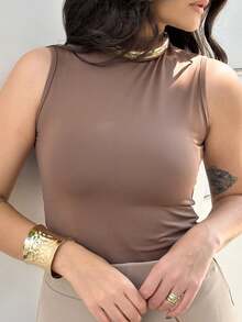 Women's Sleeveless Turtleneck Basic Casual Tank Top - 鏽棕色 - 查看 5