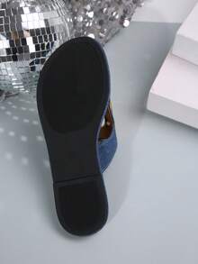 女士豹纹印花一脚蹬人字拖，金属扣装饰舒适平底沙滩凉鞋 - 牛仔藍 - 查看 9