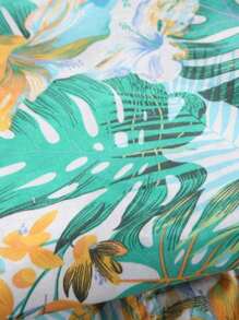 Kids Summer Tropical Leaf & Floral All-Over Print Polo Collar Short Sleeve Top And Shorts Set