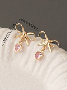 1 Pair Gold Bowknot Heart Pendant Earrings, Minimalist Pink Crystal Heart Pendant Earrings, Valentine's Day Bowknot Earring Jewelry, Gift For Girl, Wife, Girlfriend, Mother, Mother's Day - Bow Heart - View 3