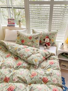 1 Set 3pcs Green & Brown Ditsy Floral Bedding Set, Rustic Ditsy Flowers Cozy Botanical Breathable Bedding Textile Set, Includes 1pc Duvet Cover + 2pcs Pillowcases, Suitable For Spring & Summer Bedroom Decor, Machine Washable (Pillow Print Random)