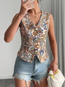 Damen Mode V-Ausschnitt ärmelloses Trägertop, eleganter Retro Paisley Muster Lässig Strickjacke Tanktop, geeignet für Frühling, Sommer, Herbst