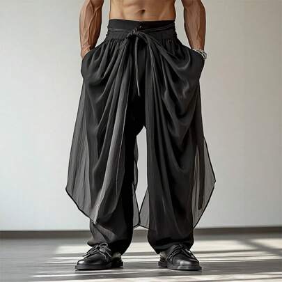 Men Elastic Waist Lace-Up Long Pants Palazzo Bottoms Holiday Party Casual Loose Culotte Trousers