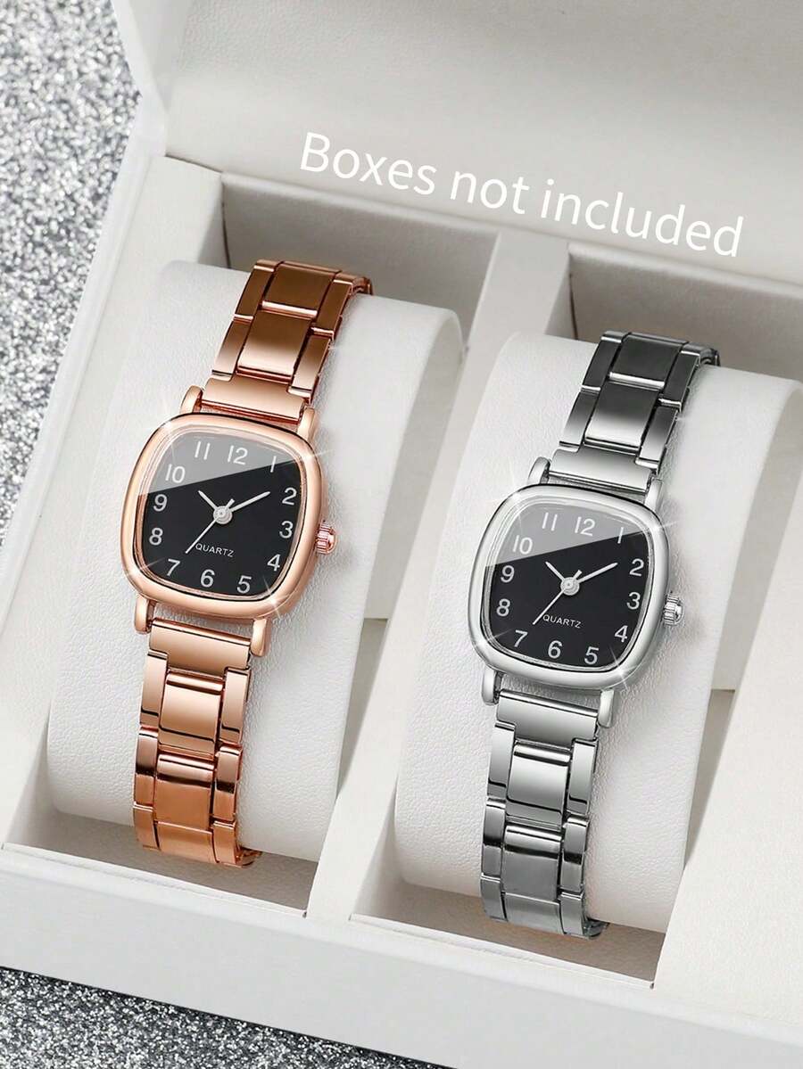2pcs/Set Women Fashion Simple Square Dial Small Dial Quartz Wristwatches, Steel Band (Watch Box Not Included) - Multicolor - View 1