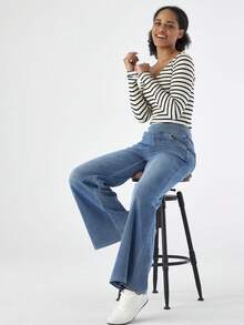 Pull On Wide Leg Jeans For Women, High Waisted Stretchy Baggy Tummy Control Straight Leg Jeans Denim Pants