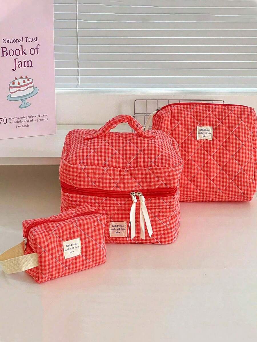 Cranberry Red Plaid Portable Toiletry Makeup Bag, Soft Cloth Surface Storage Bag For Home And Travel, Women's Handbag Toiletry Bags Summer Travel Essentials For Beach Vacation Holiday School Supplies Dorm Essentials Back To School - Multicolor - View 1