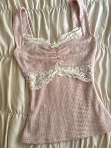 Women's Y2K Fairy Grunge Lace Trim Cami Tank Tops Knit Vintage Wide Strap Bow Decor Slim Fit Camisole Crop Tops Sexy Backless Vests Shirts Teen Girls Aesthetic Clothes Summer Going Out Top - 粉色 - 查看 1