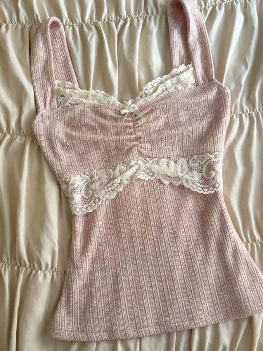 Women's Y2K Fairy Grunge Lace Trim Cami Tank Tops Knit Vintage Wide Strap Bow Decor Slim Fit Camisole Crop Tops Sexy Backless Vests Shirts Teen Girls Aesthetic Clothes Summer Going Out Top - 粉色 - 查看 1