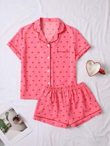 泡泡皱心形印花睡衣套装，短袖纽扣上衣和短裤，女士睡衣和家居服 - 彩色 - 查看 1