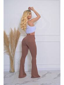 Calça Feminina Flare Cintura Alta Boca Sino com Lycra  Efeito Empina Bumbum Premium Luxo - Bege-Escuro - Visão 4