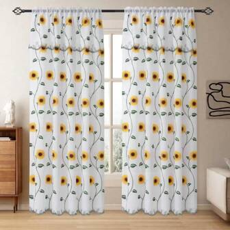 2 piezas Cortinas de doble hoja con diseño floral de girasol y tulipan, con ojales superiores, semi-transparentes, adecuadas para dormitorio, sala de estar, balcón, estilo país, estilo rústico