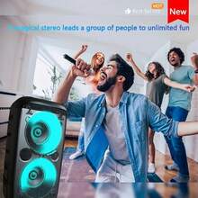 卡拉OK机，配备2个麦克风（1个无线，1个有线），成人便携式音箱，带LED灯的PA系统，支持MicroSD/USB、AUX输入和TWS真无线立体声，适合派对使用 - 黑色 - 查看 9