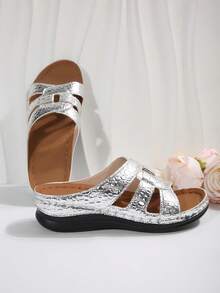 Elegant Women's Platform Wedge Sandals With Thick Sole, Plus Size, Fashion High-Heel Comfortable Suitable For Home, Party, Beach Casual - Silver - View 5