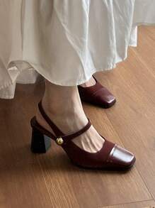 Spring New Vintage Square Toe French Style High Heel Sandals, 2025 Summer New Sexy Elegant Mary Jane Shoes, Chunky Heel Backless Glossy Leather Hook&Loop Casual/Bridesmaid Pumps