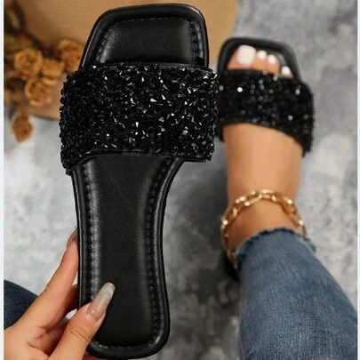 女士运动凉鞋/拖鞋，夏季新款黑色水钻系带拖鞋露趾平底简约舒适穆勒鞋