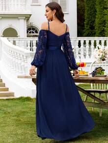 MIUSOL 花卉蕾丝露肩荷叶边长款连衣裙，优雅长袖正式舞会礼服，适合婚礼宾客、毕业典礼、晚宴及其他场合派对穿着。 - 藏蓝色 - 查看 3