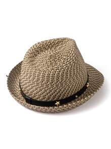 1pc Star Patchwork Bohemian Leather Strap Decorative UV Protection Woven Straw Panama Hat, Western Cowboy Sun Hat, Fashionable All-Match For Men And Women, All Seasons
