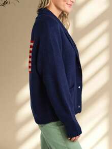 Women 4th Of July Open Front Cardigan Sweater Vinatge American Flag Button Down Long Sleeve V Neck Knit Top Shawl Collar Varsity Coat Jacket Y2K Oversized Chunky Cardigans Patriotic Graphic Jumper Tops Fall Winter Knitwear Outerwear Streetwear Independenc - 藏蓝色 - 查看 5