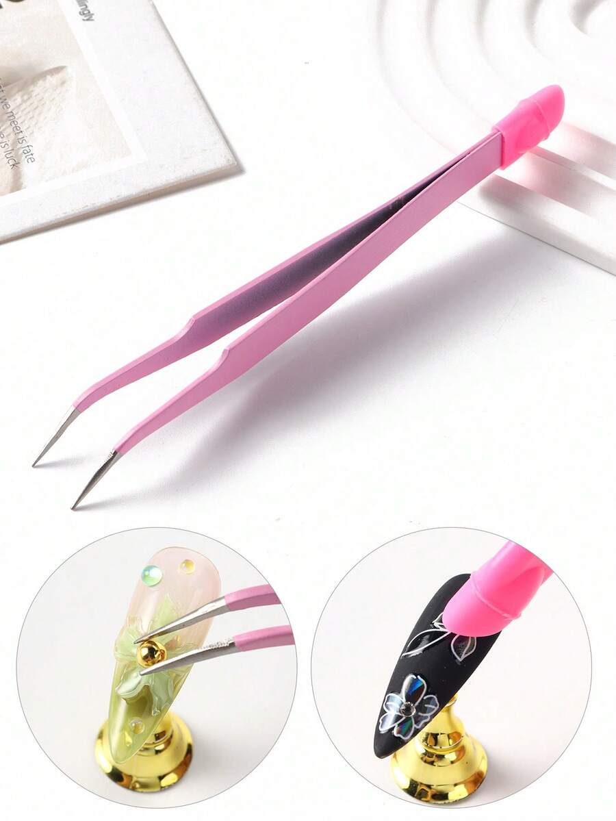 FULL BEAUTY 1pc Pink Elbow Multifunction Nail Art Tweezers With Silicone Pressing Head Double Ended Nail Stickers Rhinestones Pick Up Clip Makeup Eyelash Extension Tools Nail Supplies,Nail Supplies,Nail Tools,Nail Art Tools,Back To School,Nails,Nail Tools For Press On Nails - Pink - View 1