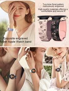 20mm Floral Engraved Flowers Bands Compatible With Samsung Galaxy Watch 7 6 5 4 40mm 44mm/5 Pro/6 Classic 47mm/ Watch 4 Classic/Active 2, 20mm 45mm/Galaxy Active 2/Galaxy Watch 3/Watch 4 Classic 42mm 46mm Watch 6 47mm 43mm, Soft Silicone Sport Replacement Strap Compatible With Huawei Honor Garmin Amazfit Watch Straps - Black Pink Flower - View 3