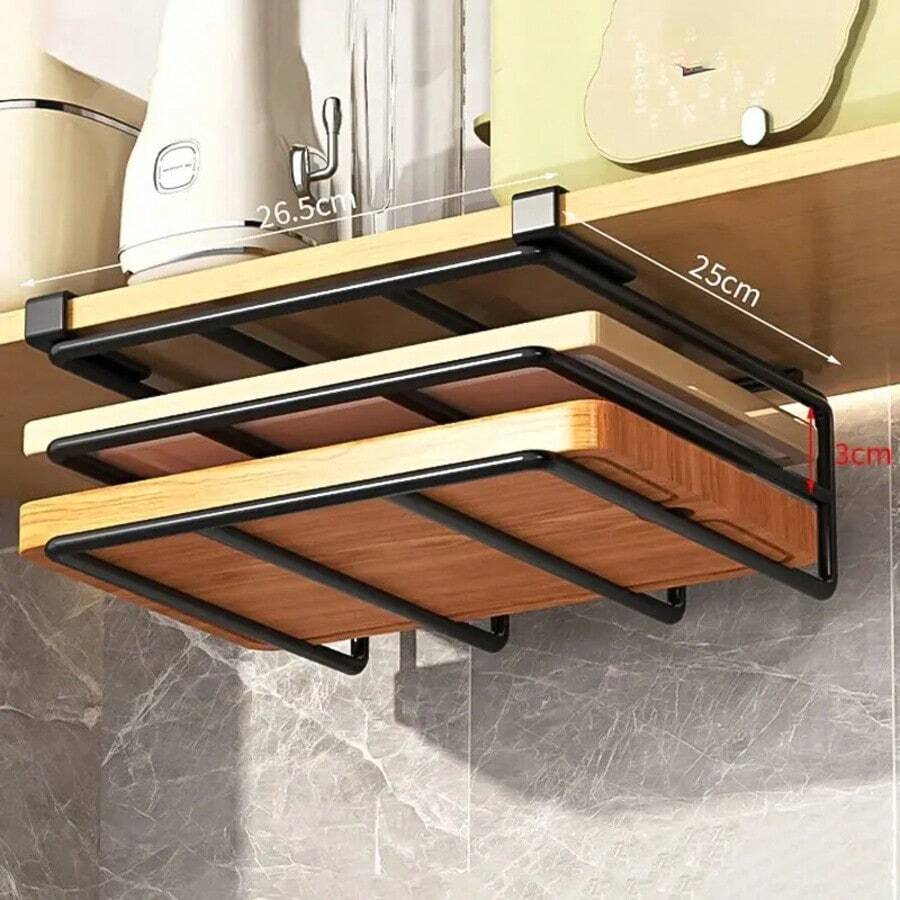 Kitchen Hanging Organizer Rack With Hooks Under Cupboard Paper Towl Rags Hanger Cutting Board Pot Cover Holder Storage Shelf - Double Layer - View 1
