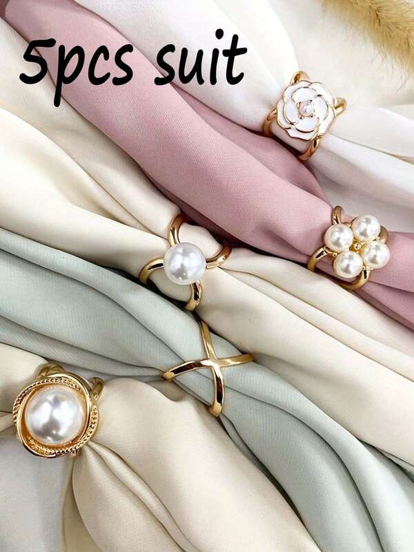 5PCS Accessories Women Fashion Hijab Pins Casual Simple Bohemian Style Gold Faux Pearl Silk Scarf Combination Buckle Corner Knot Ring Multi-Functional Scarf Fixed Buckle