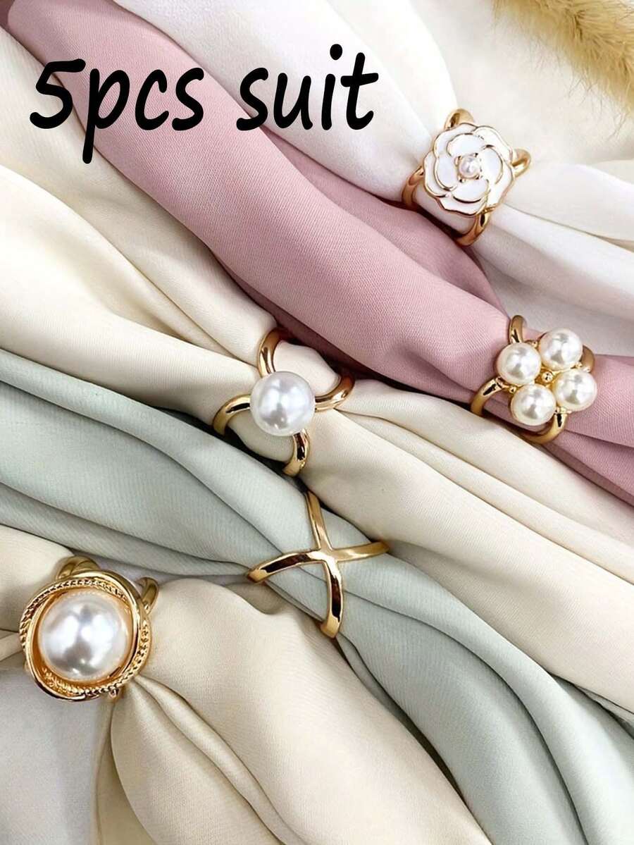5PCS Accessories Women Fashion Hijab Pins Casual Simple Bohemian Style Gold Faux Pearl Silk Scarf Combination Buckle Corner Knot Ring Multi-Functional Scarf Fixed Buckle For Dress