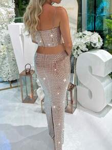 2 peças Conjunto de Vestido Elegante de Mulher com Alças Finas, Fenda Sexy e Brilho de Strass, Perfeito para Coquetel, Banquete, Vestido de Gala