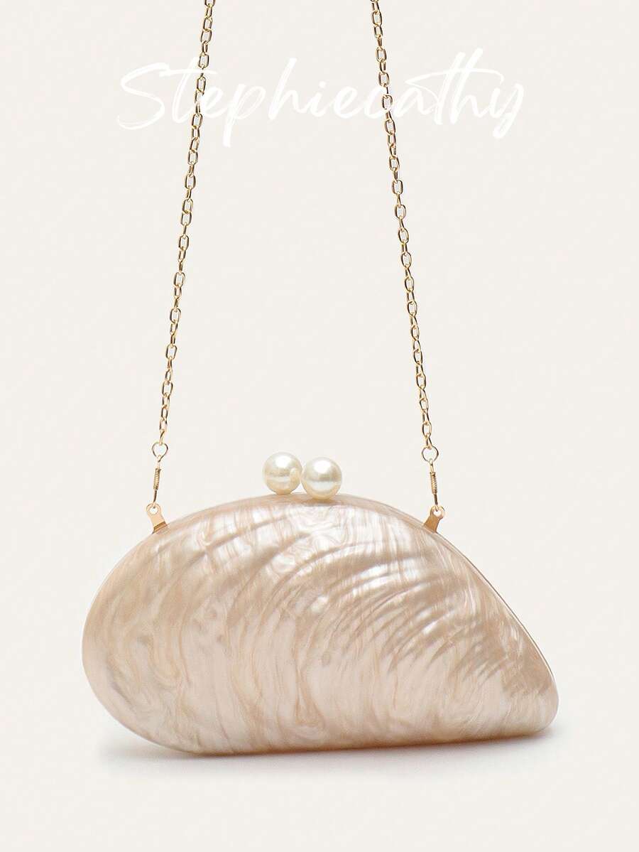 STEPHIECATHY Women's Fashion Elegant Acrylic Clutch Bag, Magnetic Closure Design, Shell Shape, Fits Smartphone, Long Chain Shoulder Strap - Champagne - View 1