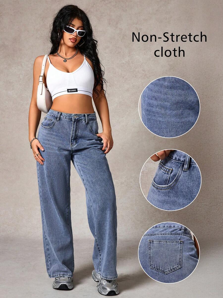 Jeans casuales de mezclilla de pierna recta y holgada con bolsillos para mujer