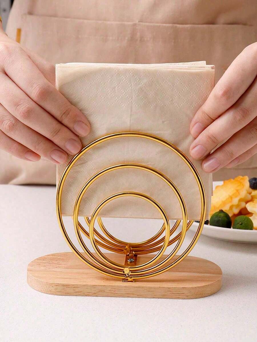 1pc/2pcs Nordic Style Wooden Base Metal Napkin Holder, Upright Metal Tissue Box, Desktop Decor Accessory, Suitable For Home, Restaurant, Hotel, Cafe, And School Supplies - Multicolor - View 1