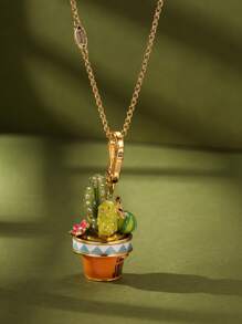 1Pc Fashion Personalized Enamel Green Cactus Pink Flower Openable Pot Pendant Necklace For Women Sweet Elegant Party Jewelry, High End Accessories, Bag, Keychain Pendant, Unique Girlfriend Gift, Mother's Day Gift