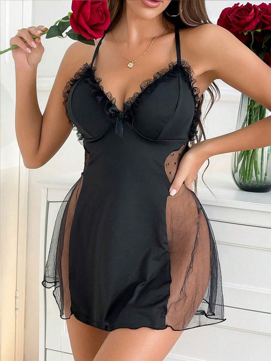 SOFUSEN Damen Nachthemd mit Schleifenträgern, Spitzendruck, sexy Spitzen-Nachthemd mit Trägern, verführerisch, geeignet für romantische Anlässe wie Valentinstag, Neujahr, Ramadan, Februar-Festival. Sexy Dessous - Schwarz - Übersicht 1