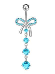 女士不锈钢防过敏 14G 肚脐穿孔饰品 - 心形 CZ 吊坠肚脐环，蓝色 - 彩色 - 查看 14