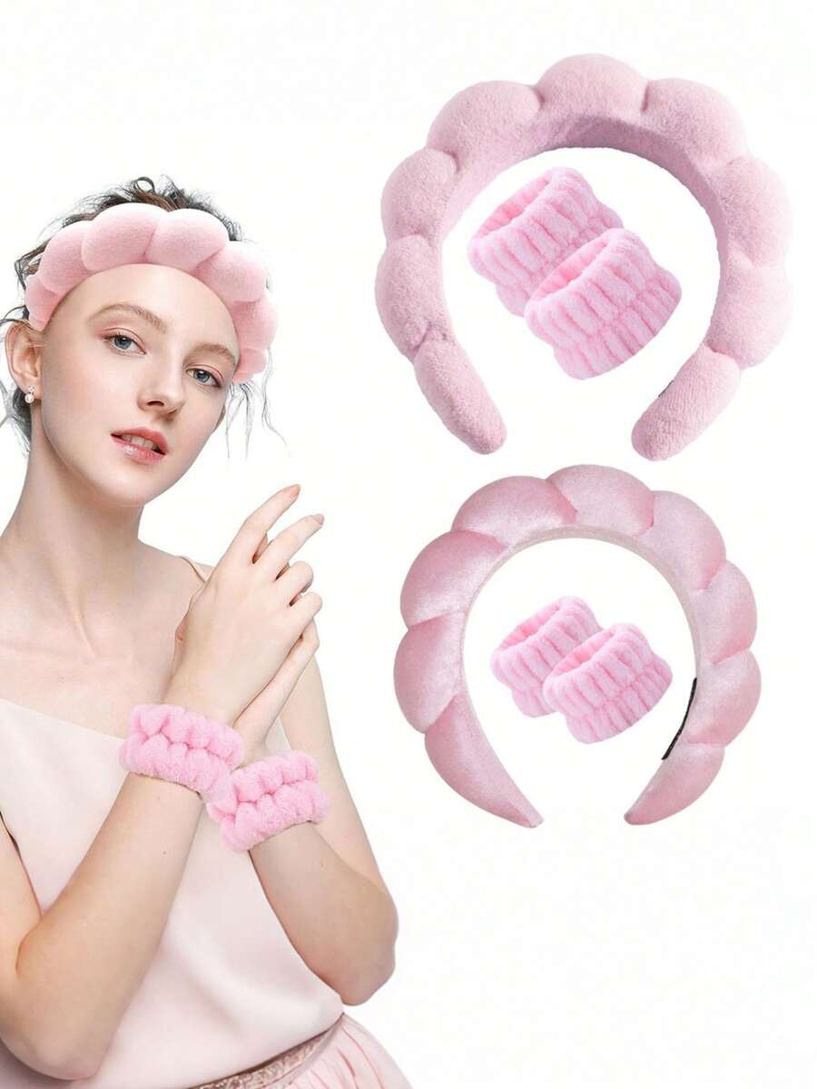 Juego de 1/3 piezas que incluye 1 diadema de esponja en forma de nube, herramientas de limpieza facial y una muñequera de terciopelo. Sirve como un regalo de cumpleaños ideal, agregando sorpresas encantadoras a la vida cotidiana. Decoración del hogar y del baño. Regreso a la escuela en verano - Rosa - Ver 1