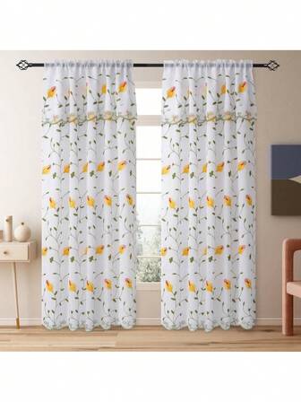 2 piezas cortinas doble hoja diseño floral girasol tulipán ojales superiores semi-transparentes dormitorio sala balcón estilo país rústico Christmas navidad navideño cortinas dobles florales decoración navidad hogar elegante ventana fiestas eventos rústicas
