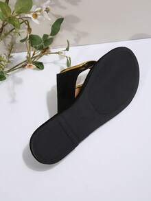 女士豹纹印花一脚蹬人字拖，金属扣装饰舒适平底沙滩凉鞋 - 黑色 - 查看 7