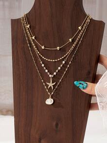 4pcs/Set Summer Beach Necklace Set, Ocean Style Starfish & Shell Pendant Necklaces, Bohemian Jewelry, Beach Travel Accessories For Women - Multicolor - View 2