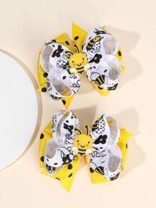 2PCS Girls Bee Bow Hair Clips, Cute Polka-Dot Bow Hairpins, Cute Pink Cow Print Hair Bow,Fashion Flower And Bee Print Hair Bows For Daily And Out, Hair Accessories