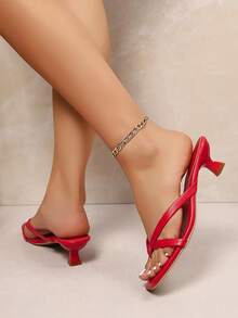 Women Summer Square Toe Sandals, Kitten Heel Slip On Flip Flops, Versatile Flat Thong Sandals - Red - View 5