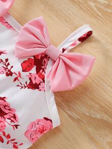 Cute Minimalist Floral Print All-In-One Bodysuit Dress + Hat Set, Suitable For Girls Everyday Wear - Multicolor - View 8