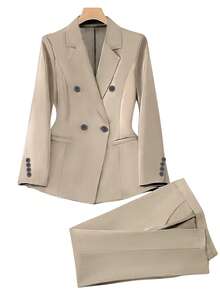 1 Set Women's Spring Autumn Double-Breasted Long Sleeve Suit Set - Apricot - View 3