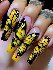 Long Butterfly Pattern Nail Stickers, Simple And Fashionable Fake Nails For Spring And Summer, Removable And Reusable Nail Stickers, Available In Blue, Black, Pink, Red, Green, Grey, And Multi-Color Mixed Press On Nails Nail Supplies Nails - Yellow - View 1