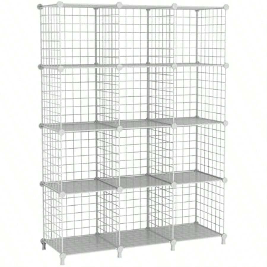 12-Cube Storage Shelf Wire Cube Organizer With DIY Bookshelf Multifunctional Sheing Unit For Office Living Room Kitchen Bathroom White ATTJL12W - as pic - View 1