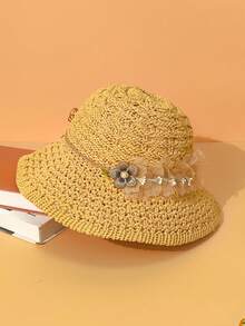 1pc Women Solid Color Straw Hat, Casual Boho Vintage Palace Style Street Elegant Summer New Handmade Floral Grass Hat Small Face Bucket Hat Summer Outdoor Sun Protection Sun Hat, Suitable For Daily Outing And Shopping - MZ2169 - View 8