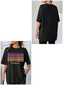 可定制女士宽松 T 恤，个性化图形设计，输入您的文字/祝福/姓名/有意义/有趣的文字，黑色，休闲女士宽松短袖 T 恤，节日礼物，春夏服装，特殊礼物，创意礼物，情侣/好友搭配，团队建设，企业定制 - 黑色 - 查看 3