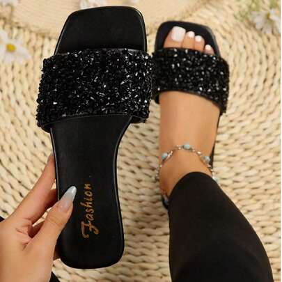 女士夏季运动凉鞋/拖鞋水钻装饰露趾平底一脚蹬穆勒鞋，简约舒适