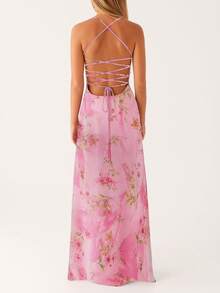 Women Spaghetti Strap Floral Print Maxi Dress Sleeveless Backless Cami Long Dress Summer Cross Tie-Up Party Dresses - Hồng - Xem 4