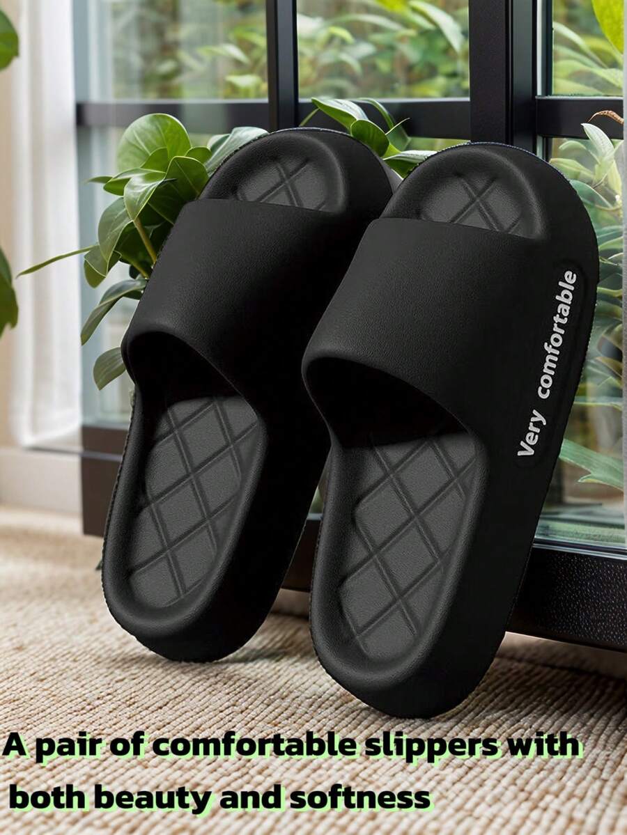 Summer New Men's Slippers, Rhombus Massage Soft Comfortable Solid Color, Casual Simple Versatile Suitable For Wearing In Dorm, Indoor And Outdoor, EVA Material Odor-Resistant Unisex House Slippers - Black - View 1